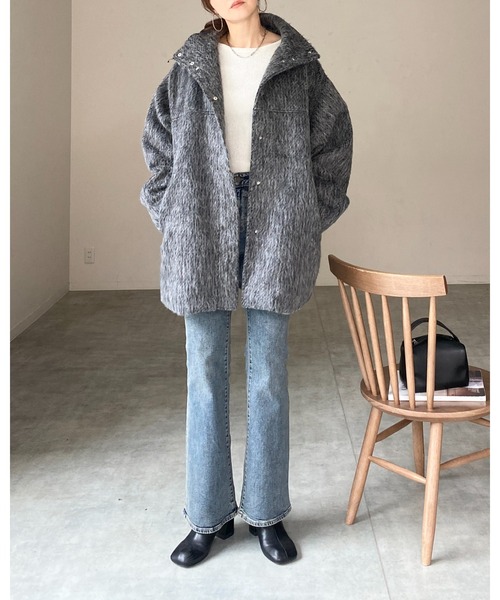 セール】スタンドネックミドル丈モンスターシャギーコート（ステン