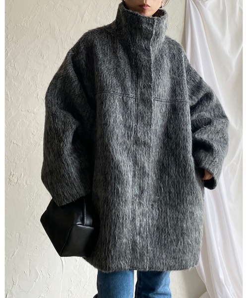 セール】スタンドネックミドル丈モンスターシャギーコート（ステン