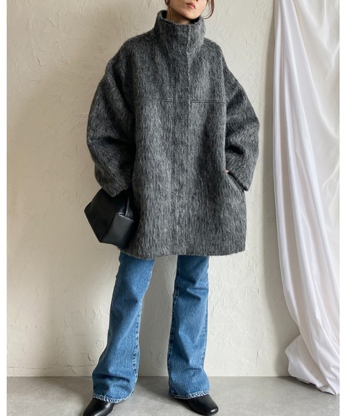 セール】スタンドネックミドル丈モンスターシャギーコート（ステン
