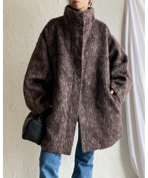 セール】スタンドネックミドル丈モンスターシャギーコート（ステン