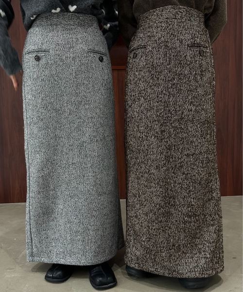lawgy(ラウジー)の「accent button tweed tight skirt / アクセントボタンツイードタイトスカート(スカート・レディース・グレー/ブラウン・FREE)」の11枚目の写真