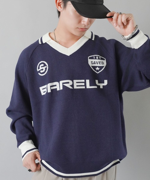 SPINNS（スピンズ）の「ストリート＆グランジ/スウェット感覚で着れる！襟付きゲームデザインニット（ニット/セーター・メンズ・レッド/ホワイト/ネイビー/ブラック・ONESIZE）」の3枚目の写真