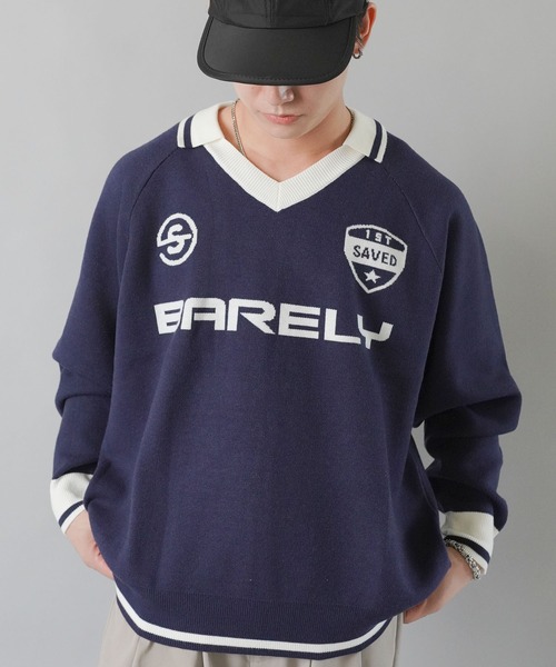 SPINNS（スピンズ）の「ストリート＆グランジ/スウェット感覚で着れる！襟付きゲームデザインニット（ニット/セーター・メンズ・レッド/ホワイト/ネイビー/ブラック・ONESIZE）」の11枚目の写真