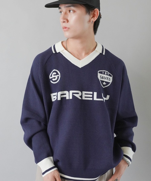 SPINNS（スピンズ）の「ストリート＆グランジ/スウェット感覚で着れる！襟付きゲームデザインニット（ニット/セーター・メンズ・レッド/ホワイト/ネイビー/ブラック・ONESIZE）」の13枚目の写真