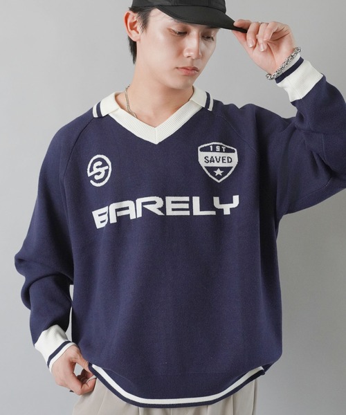 SPINNS（スピンズ）の「ストリート＆グランジ/スウェット感覚で着れる！襟付きゲームデザインニット（ニット/セーター・メンズ・レッド/ホワイト/ネイビー/ブラック・ONESIZE）」の14枚目の写真