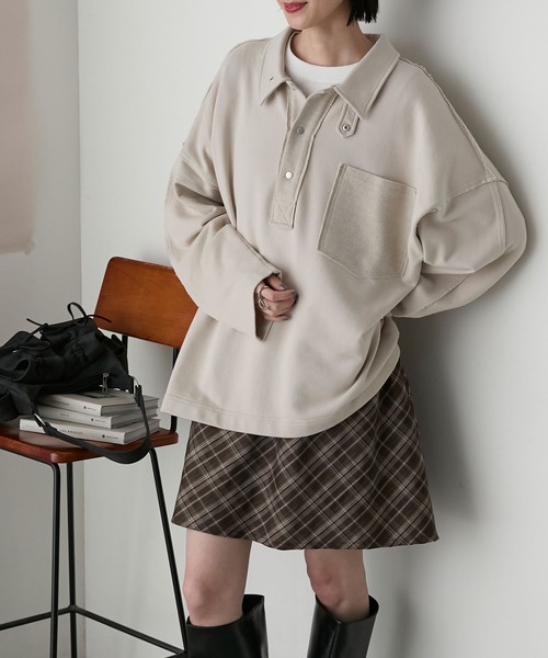 forksy.(フォルクシー)の「【forksy.】2wayオーバーサイズポロスウェット(スウェット・レディース・杢グレー/ネイビー/ライトベージュ・FREE)」の3枚目の写真