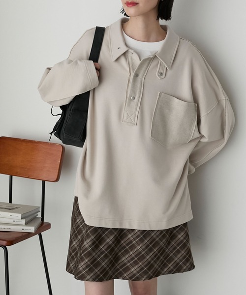 forksy.(フォルクシー)の「【forksy.】2wayオーバーサイズポロスウェット(スウェット・レディース・杢グレー/ネイビー/ライトベージュ・FREE)」の20枚目の写真