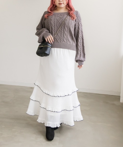 CLETTE(クレット)の「スクエアネックケーブルニット(ニット/セーター・レディース・チャコールグレー/ライトグレー/オフホワイト/ラベンダー・LL/3L/4L)」の18枚目の写真