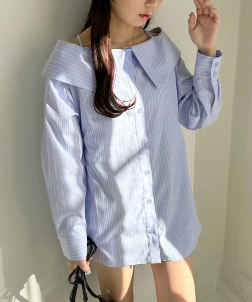 one after another NICE CLAUP(ワンアフターアナザーナイスクラップ)の「マルチway/オフショルロングシャツ(シャツ/ブラウス・レディース・ネイビー/ベージュ系その他/オフホワイト/ブルー系その他・FREE)」の20枚目の写真
