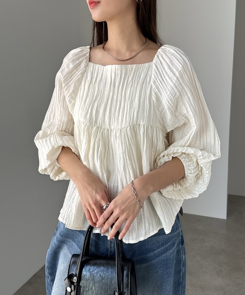 セール】ボリューム袖マットサテンペプラムトップス（シャツ/ブラウス