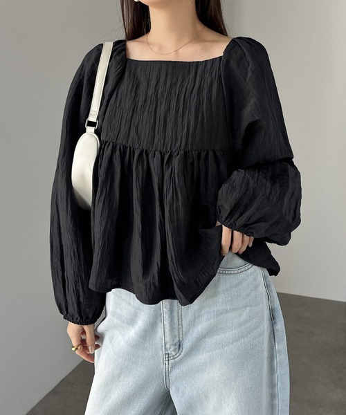 セール】ボリューム袖マットサテンペプラムトップス（シャツ/ブラウス
