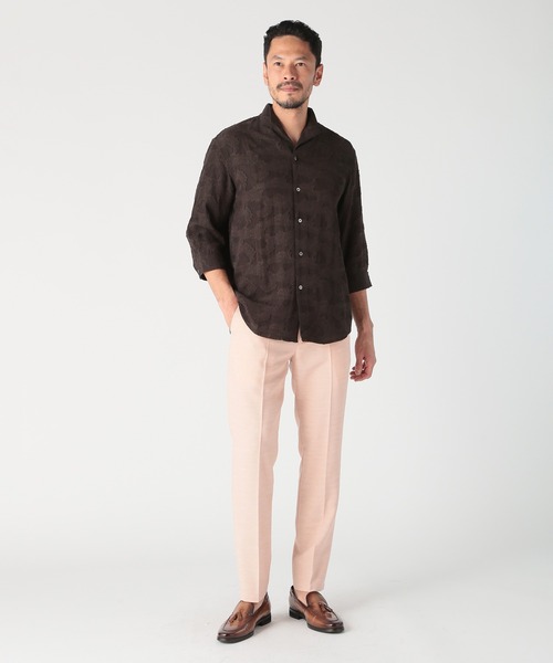 セール】総柄シアージャカード7分袖オープンカラーシャツ