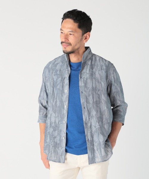 セール】総柄シアージャカード7分袖オープンカラーシャツ