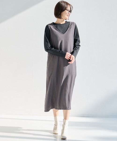 Arnold Palmer（アーノルドパーマー）の「Vネック Aライン ジャンスカ（ジャンパースカート・レディース・ベージュ/チャコールグレー・M/S/L）」の6枚目の写真