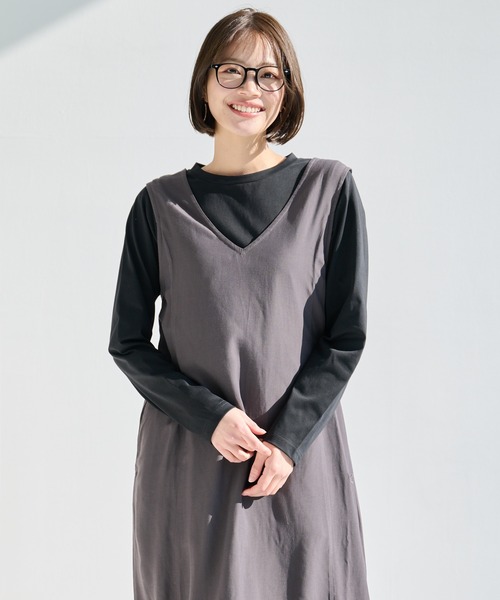 Arnold Palmer（アーノルドパーマー）の「Vネック Aライン ジャンスカ（ジャンパースカート・レディース・ベージュ/チャコールグレー・M/S/L）」の3枚目の写真