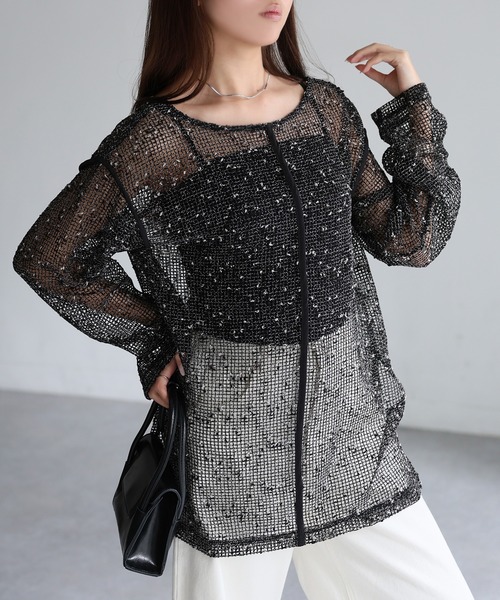 Riberry（リベリー）の「前後2WAY透かし編みメッシュニットプルオーバー（Tシャツ/カットソー・レディース・ブラック/アイボリー/ベージュ・FREE）」の2枚目の写真