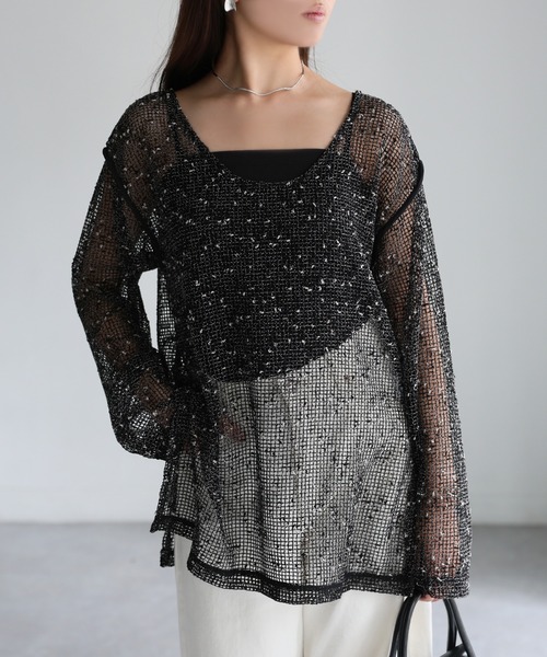 Riberry（リベリー）の「前後2WAY透かし編みメッシュニットプルオーバー（Tシャツ/カットソー・レディース・ブラック/アイボリー/ベージュ・FREE）」の8枚目の写真