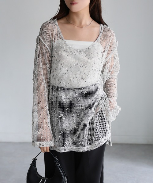 Riberry（リベリー）の「前後2WAY透かし編みメッシュニットプルオーバー（Tシャツ/カットソー・レディース・ブラック/アイボリー/ベージュ・FREE）」の10枚目の写真
