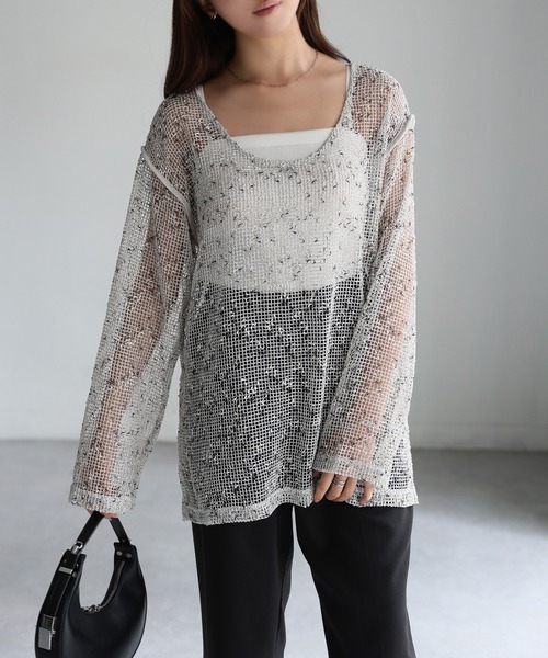 Riberry（リベリー）の「前後2WAY透かし編みメッシュニットプルオーバー（Tシャツ/カットソー・レディース・ブラック/アイボリー/ベージュ・FREE）」の11枚目の写真
