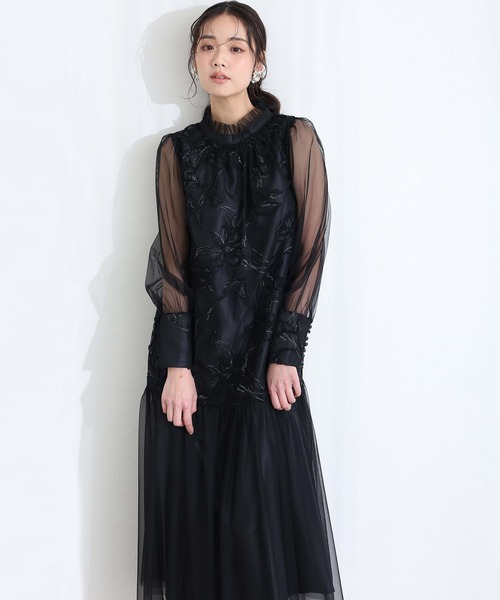 PourVous(プールヴー)の「フェザーフラワー チュール パーティー ドレス セレモニー ミモレ丈&袖あり 結婚式 二次会 フォーマル オケージョンドレス 同窓会 成人式 ロング カフス Aライン お呼ばれ 謝恩会 20代 30代(ドレス・レディース・グレー/ブラック/ベージュ系その他・M)」の22枚目の写真