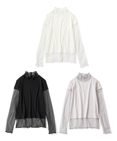 Live in comfort（リブインコンフォート）の「リブ　イン　コンフォート　重ね着が素敵に華やぐ　ドットチュール切り替えカットソートップス（Tシャツ/カットソー・レディース・グレー/ホワイト/ブラック・L/M/LL/S/3L）」の10枚目の写真