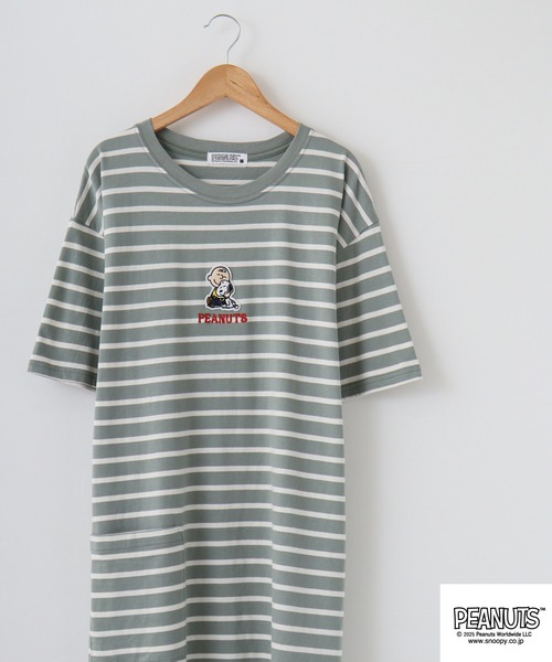 PEANUTS(ピーナッツ)の「PEANUTS 刺繍ボーダー天竺スーパーBIGTシャツ(Tシャツ/カットソー・メンズ・ネイビー系/グレー系/カーキ系/カーキ系1/ネイビー系1/グレー系1・M/L)」の4枚目の写真