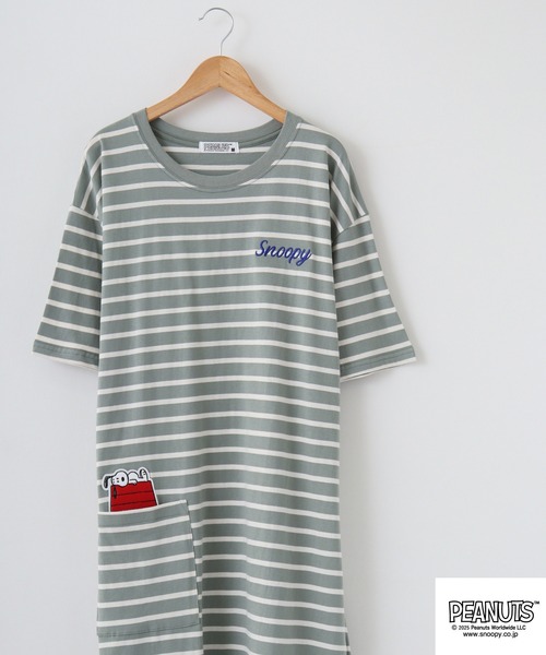 PEANUTS(ピーナッツ)の「PEANUTS 刺繍ボーダー天竺スーパーBIGTシャツ(Tシャツ/カットソー・メンズ・ネイビー系/グレー系/カーキ系/カーキ系1/ネイビー系1/グレー系1・M/L)」の5枚目の写真