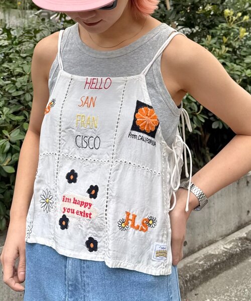 tシャツ 「HELLO.SANFRANCISCO/ハローサンフランシスコ」indiaオリジナル刺繍サテンキャミ レディース セール】【HELLO.SANFRANCISCO】indiaオリジナル刺繍サテン