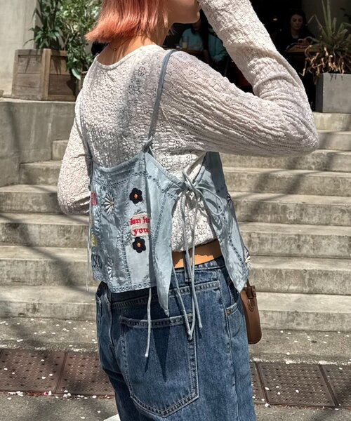 tシャツ 「HELLO.SANFRANCISCO/ハローサンフランシスコ」indiaオリジナル刺繍サテンキャミ レディース セール】【HELLO.SANFRANCISCO】indiaオリジナル刺繍サテン
