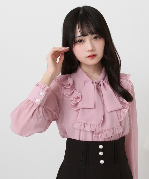 DearMyLove（ディアマイラブ）の「フリルボウタイリボンシフォンブラウス（シャツ/ブラウス・レディース・ベビーピンク/サックスブルー/ブラック/ホワイト・MEDIUM/3L/LL/LARGE）」の4枚目の写真
