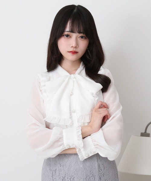 DearMyLove（ディアマイラブ）の「フリルボウタイリボンシフォンブラウス（シャツ/ブラウス・レディース・ベビーピンク/サックスブルー/ブラック/ホワイト・MEDIUM/3L/LL/LARGE）」の2枚目の写真