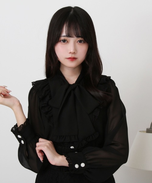 DearMyLove（ディアマイラブ）の「フリルボウタイリボンシフォンブラウス（シャツ/ブラウス・レディース・ベビーピンク/サックスブルー/ブラック/ホワイト・MEDIUM/3L/LL/LARGE）」の3枚目の写真