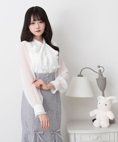 DearMyLove（ディアマイラブ）の「フリルボウタイリボンシフォンブラウス（シャツ/ブラウス・レディース・ベビーピンク/サックスブルー/ブラック/ホワイト・MEDIUM/3L/LL/LARGE）」の7枚目の写真