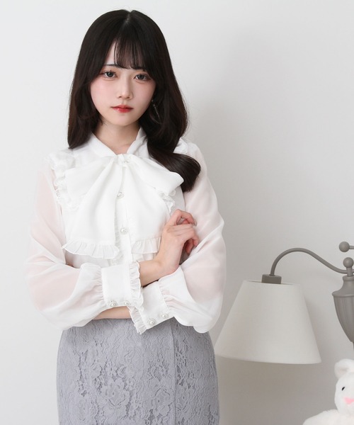 DearMyLove（ディアマイラブ）の「フリルボウタイリボンシフォンブラウス（シャツ/ブラウス・レディース・ベビーピンク/サックスブルー/ブラック/ホワイト・MEDIUM/3L/LL/LARGE）」の8枚目の写真