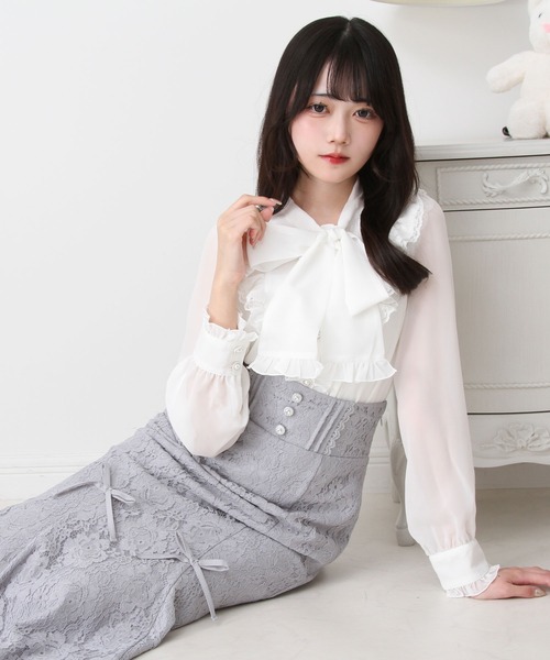 DearMyLove（ディアマイラブ）の「フリルボウタイリボンシフォンブラウス（シャツ/ブラウス・レディース・ベビーピンク/サックスブルー/ブラック/ホワイト・MEDIUM/3L/LL/LARGE）」の10枚目の写真