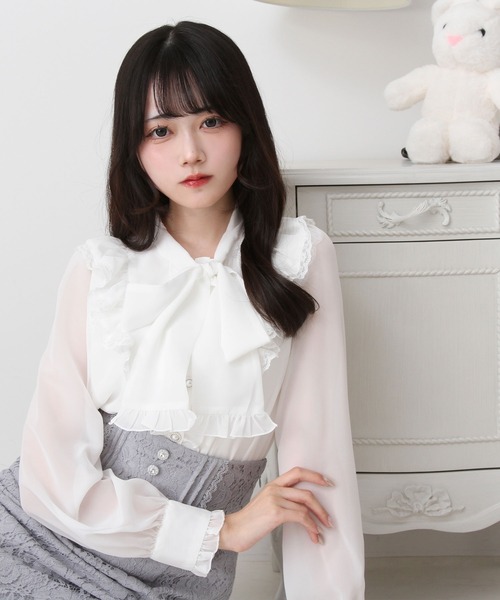 DearMyLove（ディアマイラブ）の「フリルボウタイリボンシフォンブラウス（シャツ/ブラウス・レディース・ベビーピンク/サックスブルー/ブラック/ホワイト・MEDIUM/3L/LL/LARGE）」の11枚目の写真