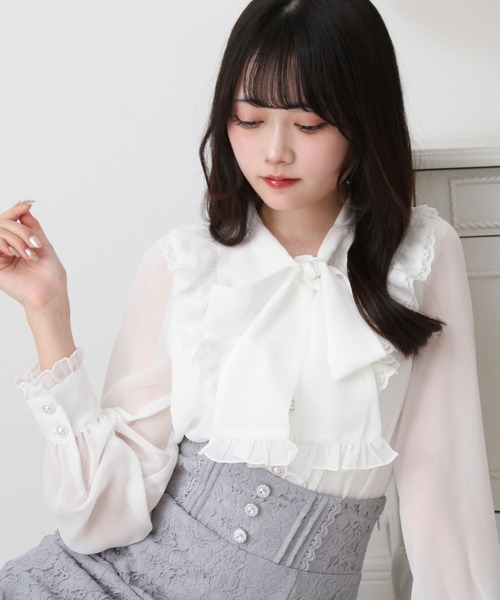 DearMyLove（ディアマイラブ）の「フリルボウタイリボンシフォンブラウス（シャツ/ブラウス・レディース・ベビーピンク/サックスブルー/ブラック/ホワイト・MEDIUM/3L/LL/LARGE）」の12枚目の写真