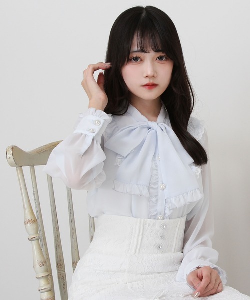 DearMyLove（ディアマイラブ）の「フリルボウタイリボンシフォンブラウス（シャツ/ブラウス・レディース・ベビーピンク/サックスブルー/ブラック/ホワイト・MEDIUM/3L/LL/LARGE）」の18枚目の写真