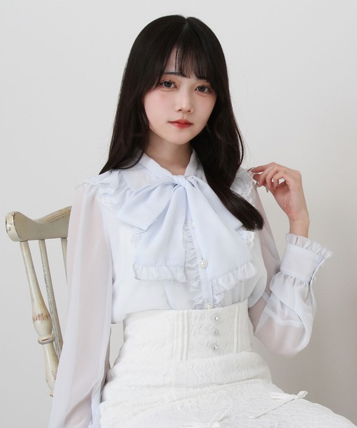 DearMyLove（ディアマイラブ）の「フリルボウタイリボンシフォンブラウス（シャツ/ブラウス・レディース・ベビーピンク/サックスブルー/ブラック/ホワイト・MEDIUM/3L/LL/LARGE）」の19枚目の写真