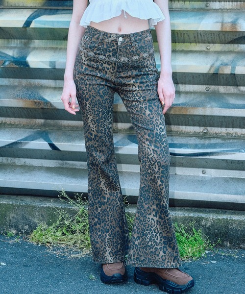 90s USA製 レオパード トライバル 百合 レーヨン フレアパンツ グランジ グランジ レオパード フレアパンツ
