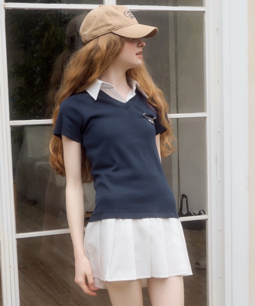 襟付きドッキングニットミニワンピース/collared docking knit