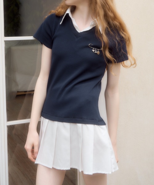 襟付きドッキングニットミニワンピース/collared docking knit