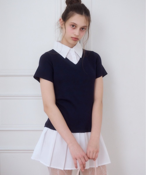 襟付きドッキングニットミニワンピース/collared docking knit