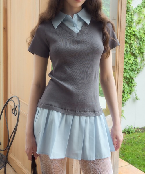♡シャツドッキングニットミニワンピース グレー FL シャツドッキングニットミニワンピース（ワンピース）｜Darich
