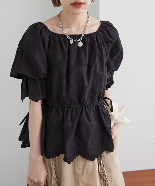セットアップ ブラウス ハートネック レース 2colors S/L Lace Ladies スクエアネック 刺繍 スカラップ ブラウス トップス