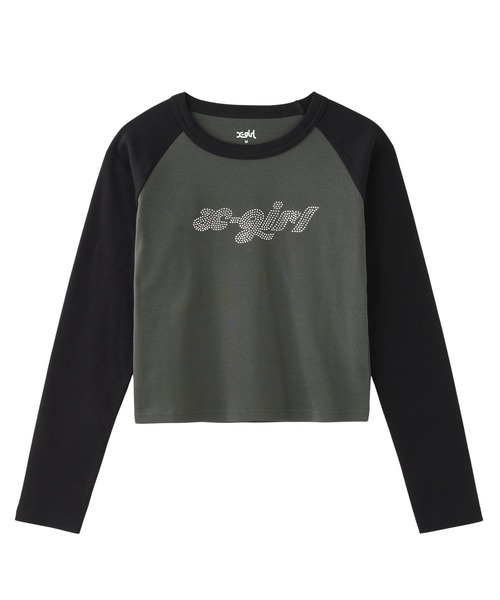 X-girl(エックスガール)の「BI COLOR RHINESTONE LOGO RAGLAN L/S BABY TEE(Tシャツ/カットソー・レディース・ホワイト/チャコール/ベージュ・M/S)」の3枚目の写真