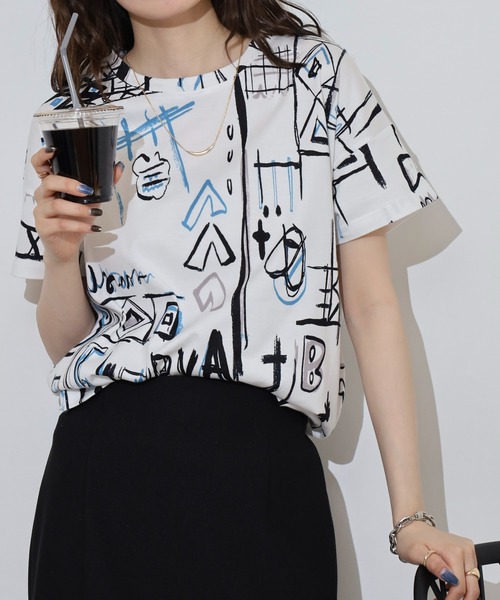 tシャツ BRODIAEA 総柄半袖Tシャツ「日本製」 レディース セール】BRODIAEA 総柄半袖Tシャツ【日本製】（Tシャツ