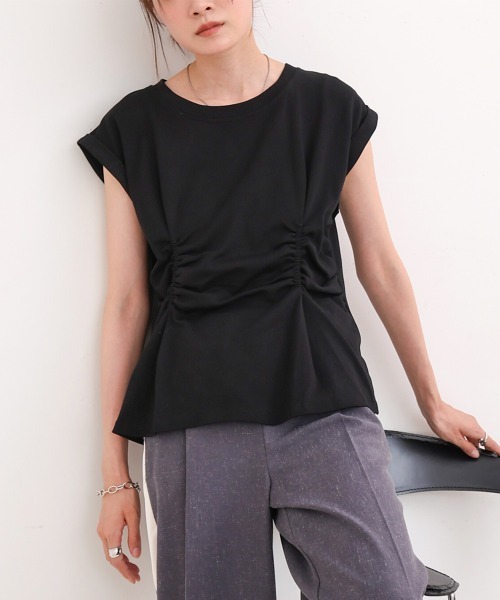 Bab(バブ)の「フロントギャザートップス(Tシャツ/カットソー・レディース・ピンク/ブラック/オフホワイト/グレー・M)」の1枚目の写真