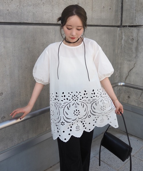ブラウス シャツ cotton eyelet embroidery blouse /コットンアイレット刺繍パフスリーブブラウス レディース cotton eyelet embroidery blouse /コットンアイレット刺繍