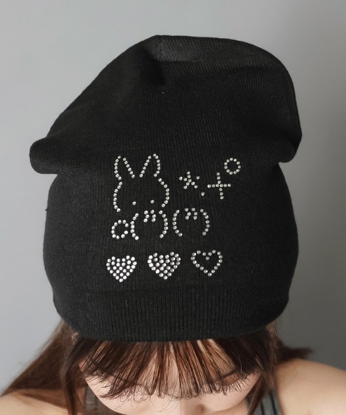 セール】シンプルビーニー/ニット帽/ラインストーンうさぎ/ウィッシュ